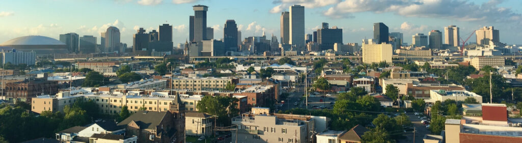 Image of New Orleans skyline from a raised perspective, both tall buildings and smaller-scale buildings visible.