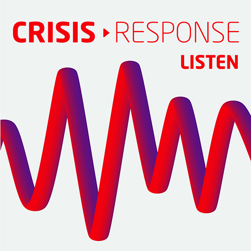 Logo for Listen: Crisis Response Journal podcast, comprising words and a stylized audio signal wave.