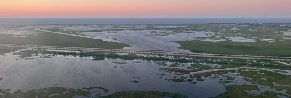 Water and land in Louisiana, image taken from air on approach to New Orleans.